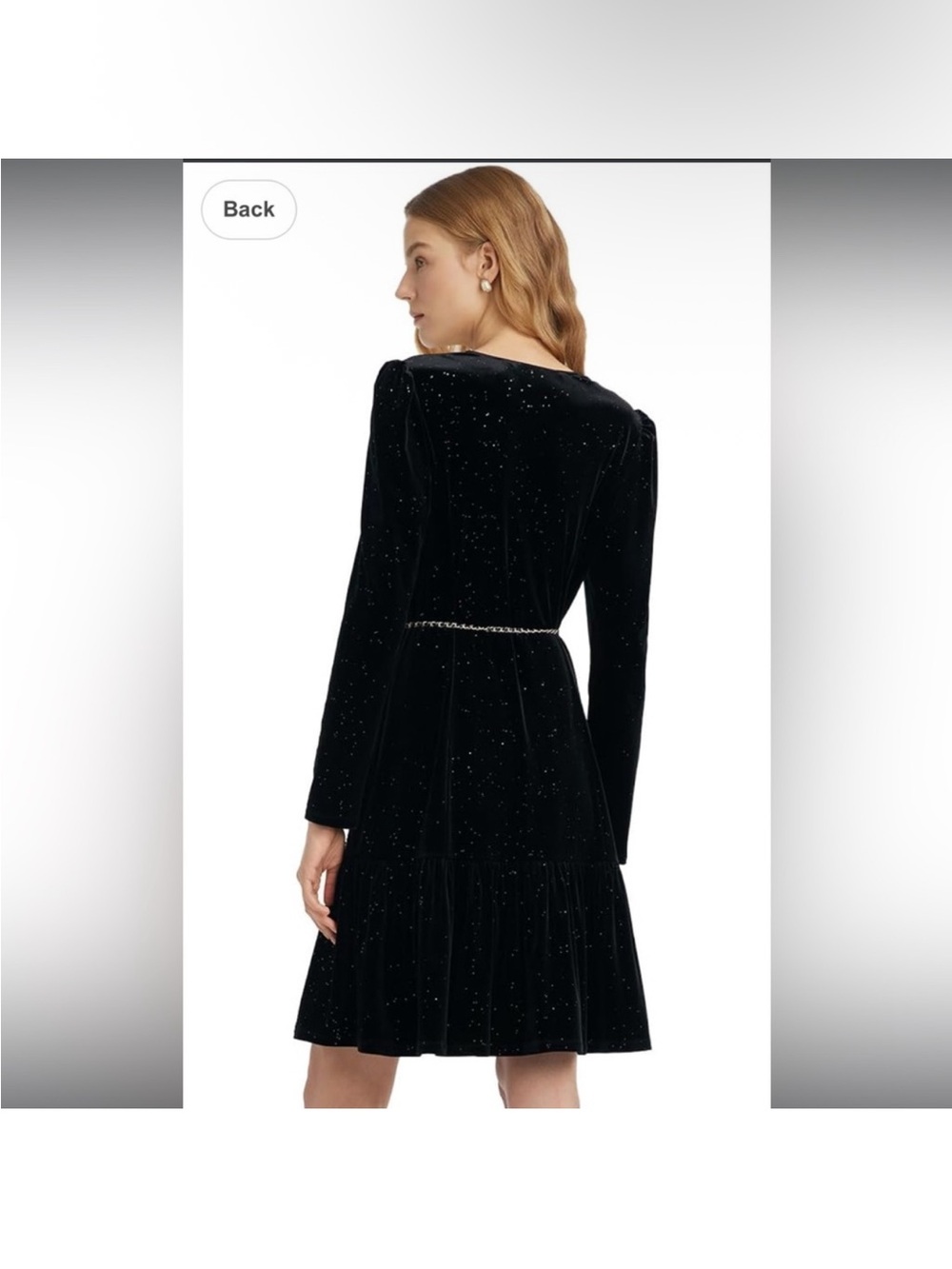 Elegant Black Velvet Button-Front Dress with Chain Belt - Picture 5 of 11